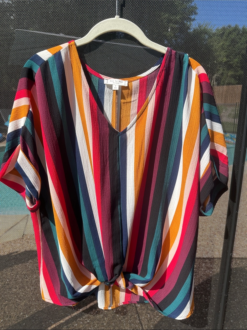 Striped V‑Neck Knot Front Blouse in Multicolor